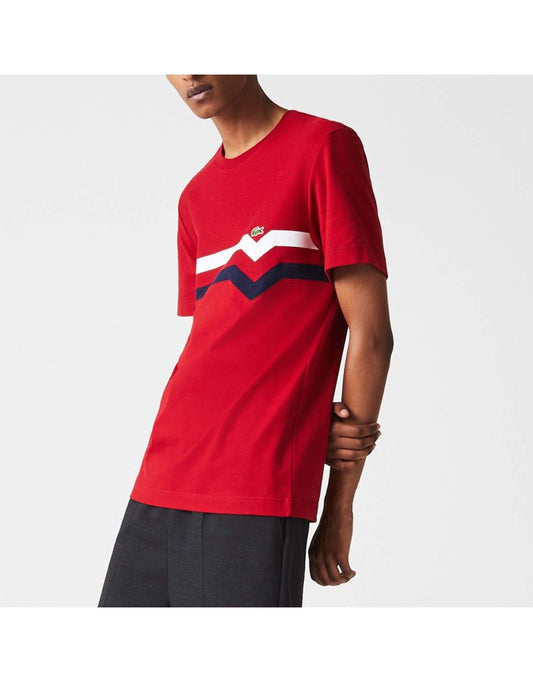 Camiseta masculina de algodão orgânico com listras vermelhas Lacoste