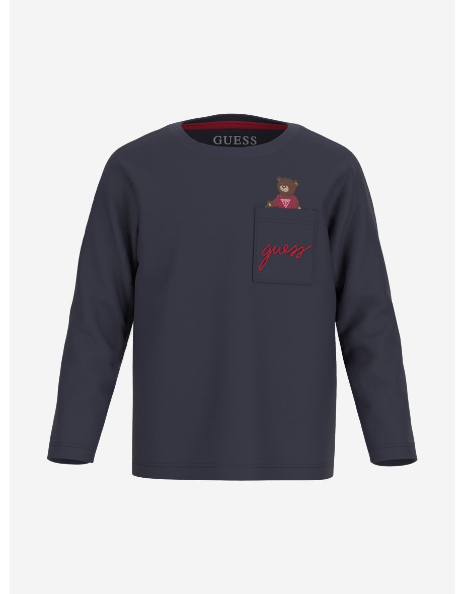 Maglietta a maniche lunghe Navy da ragazzo con tasca a forma di orso