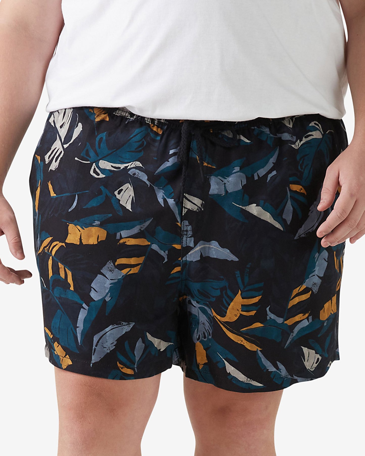 Shorts masculinos casuais plus size com estampa de folhas azul-marinho