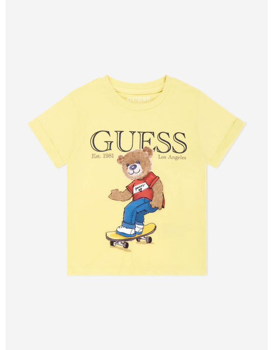 Yellow Boys' T-Shirt with Skateboarding Bear Design