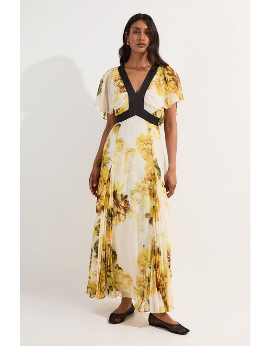 Vestido Maxi de Tecido com Painel Godet Floral Plissado Alto