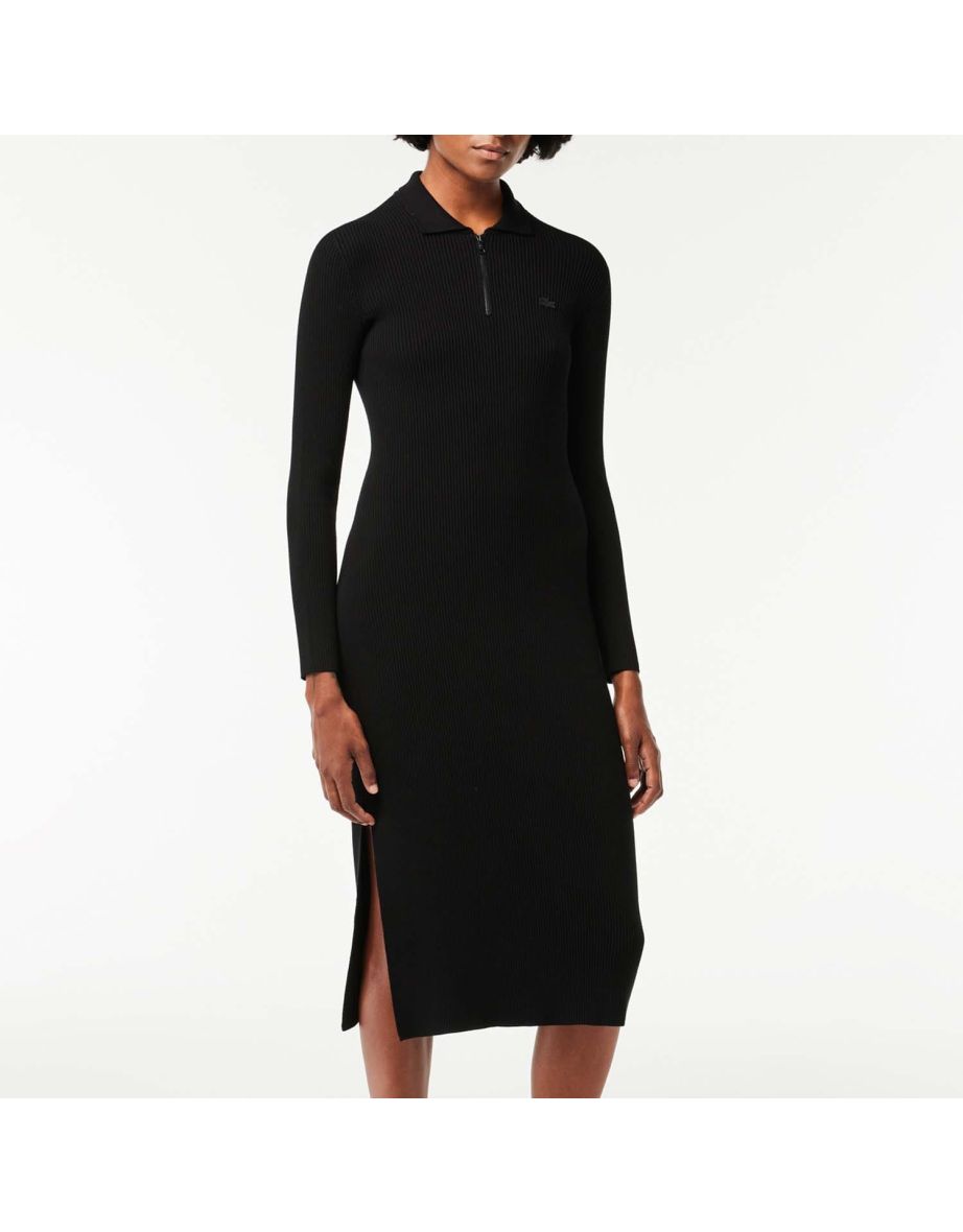 Vestido polo feminino Lacoste de malha canelada sem costura em preto