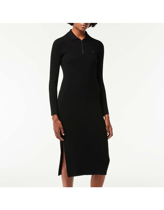 Polo Lacoste da donna in maglia a coste senza cuciture in nero