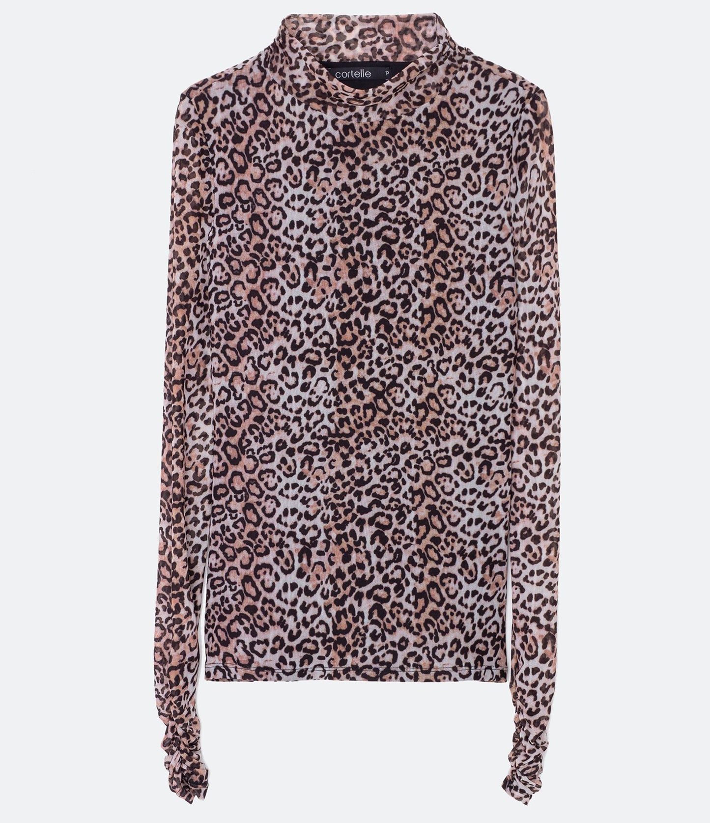 Animal Print Tulle Blouse with High Neck in Brown