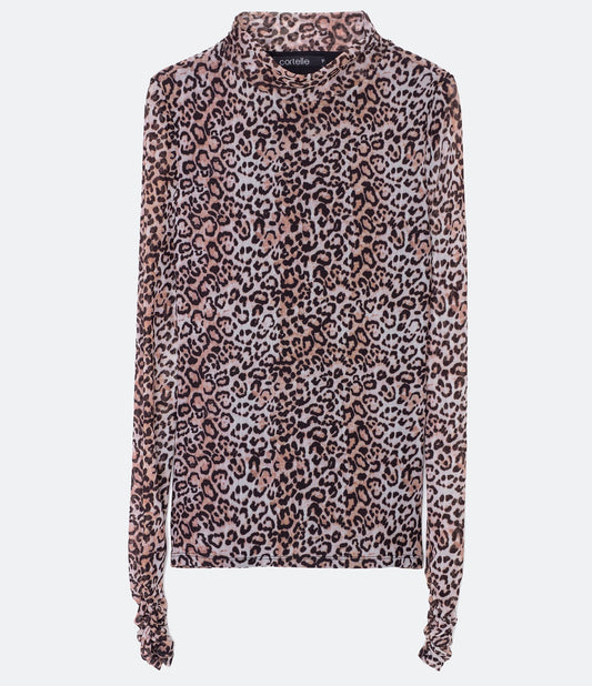 Animal Print Tulle Blouse with High Neck in Brown