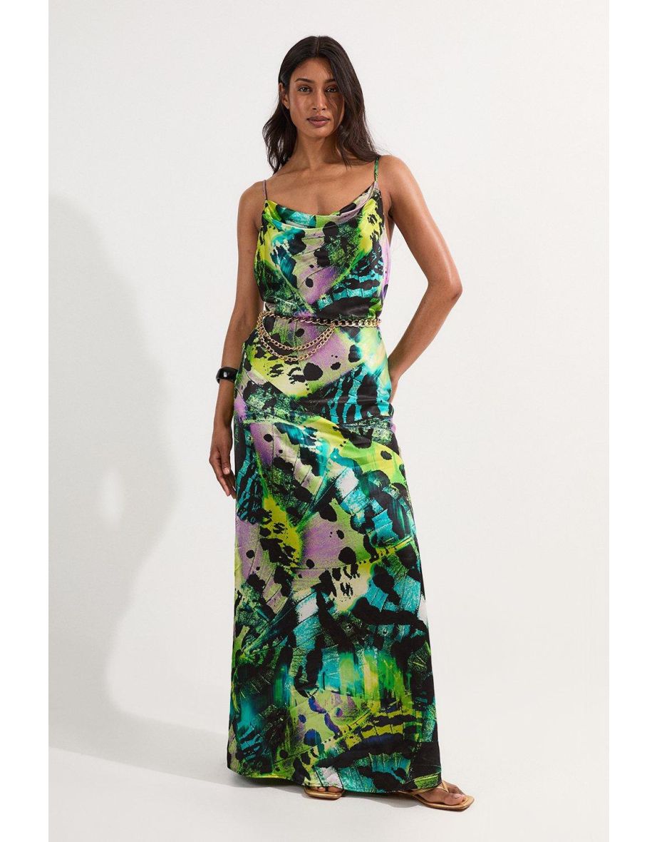 Vestido maxi de cetim de viscose com estampa de borboleta, gola redonda e cinto