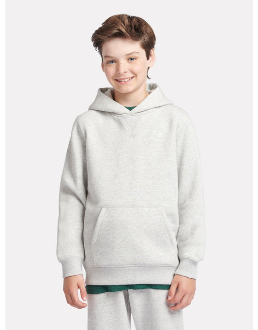 Felpa con cappuccio in spugna francese grigia da ragazzo di New Balance con logo piccolo