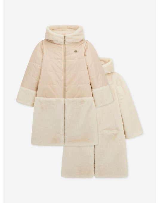 Abrigo con capucha reversible para niña en marfil