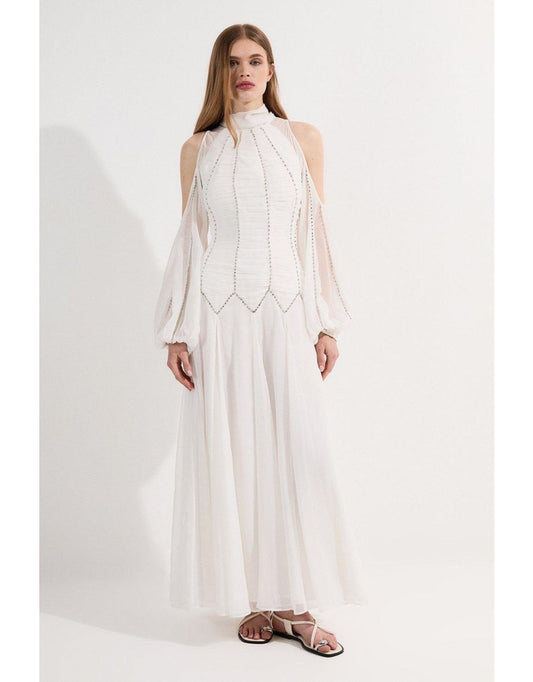 Vestido maxi de georgette com decote alto, embelezado e ruched