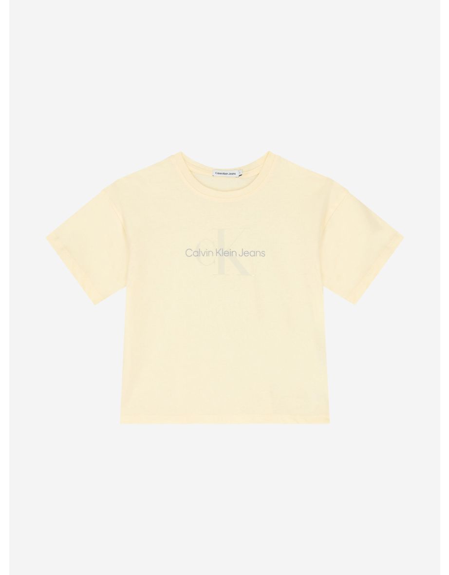 Camiseta boxy con monograma de purpurina marfil para niña