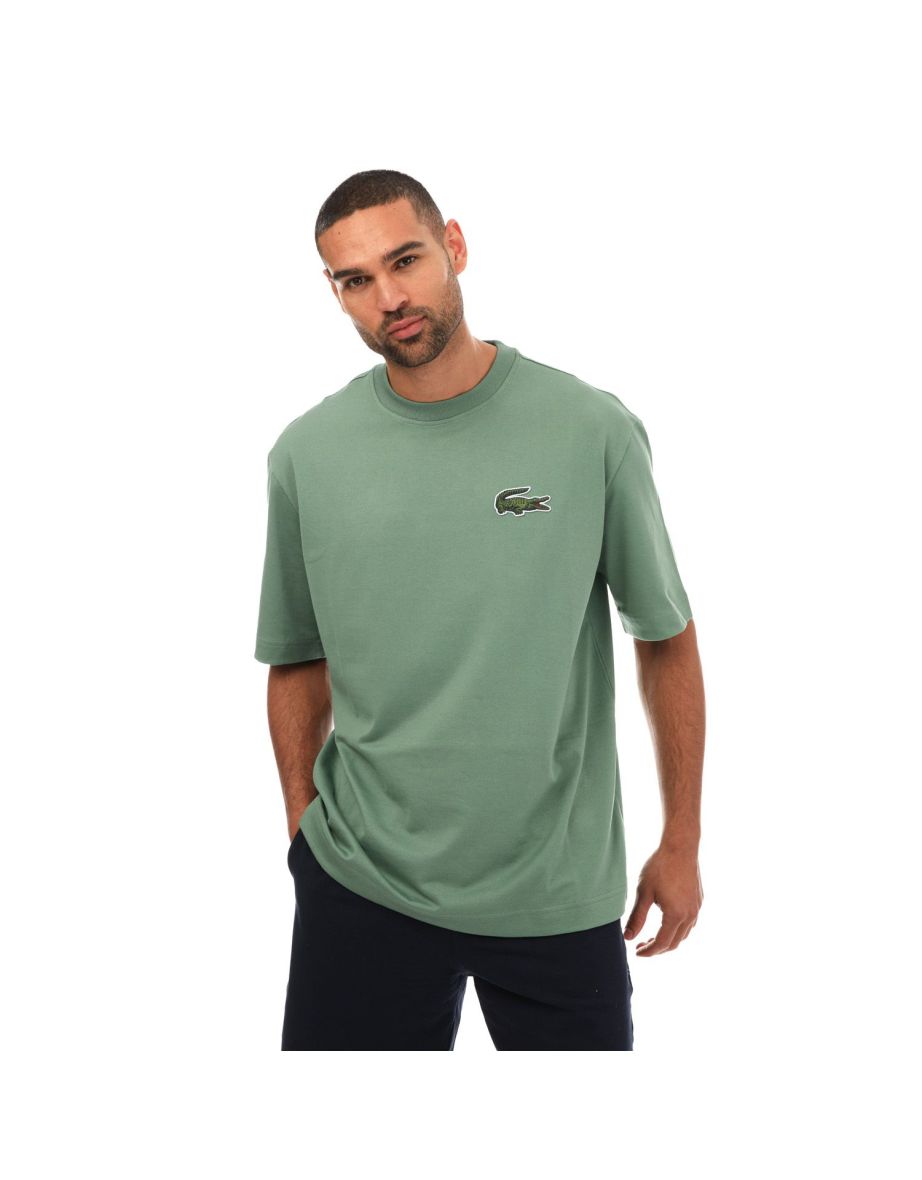 Camiseta masculina de algodão orgânico Lacoste Loose Fit com crocodilo grande em verde