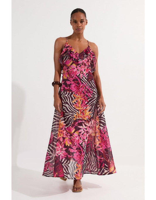 Tropical Beach Vestido de tirantes de viscosa y georgette