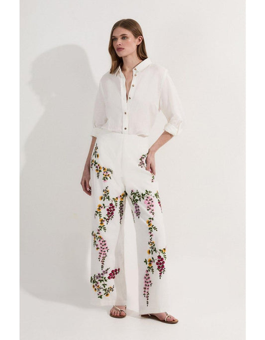 Pantaloni alti in tessuto con ricamo floreale