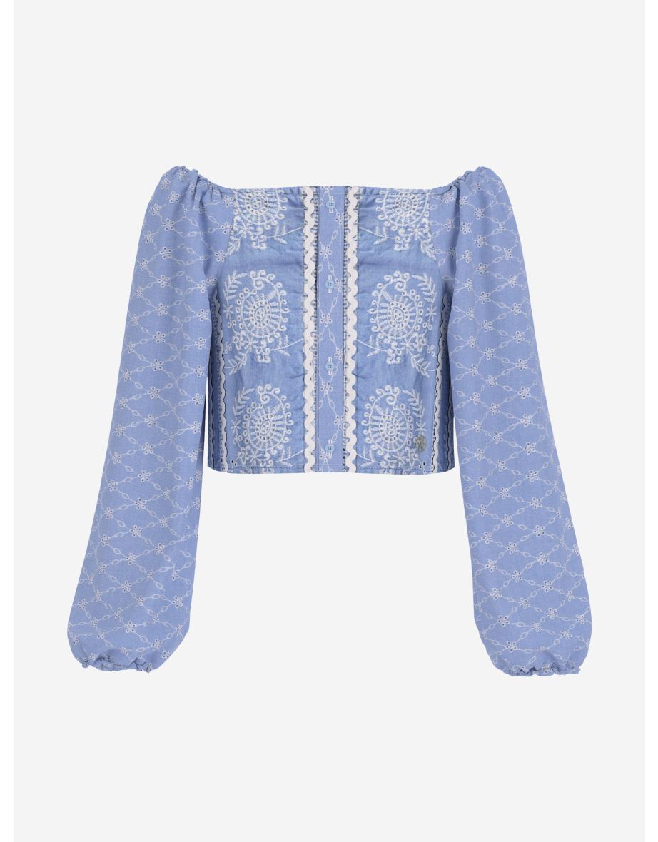 Girls' Blue Oxford Blouse with Eyelet Lace Detailing