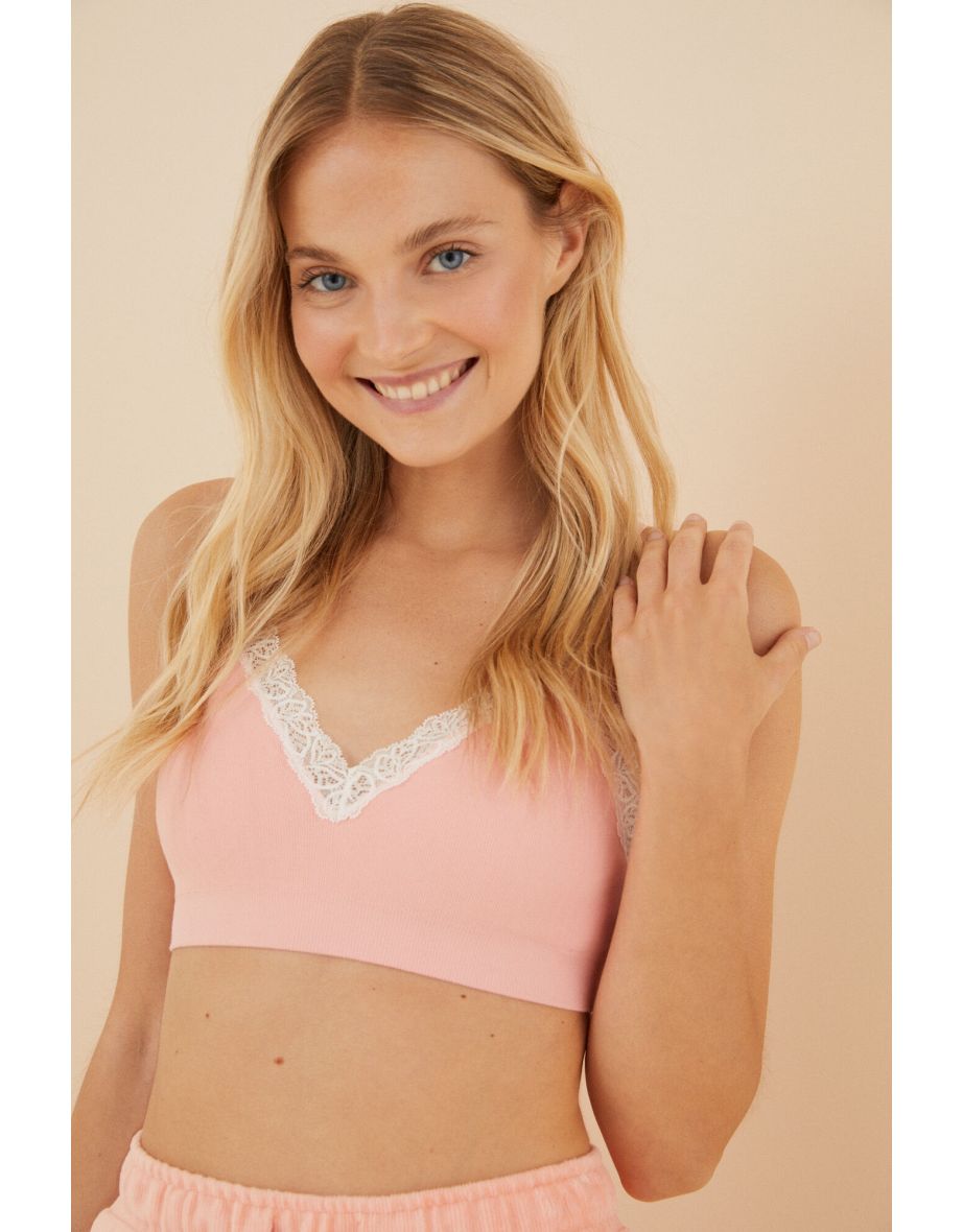 Top Bralette rosa de algodão orgânico e renda