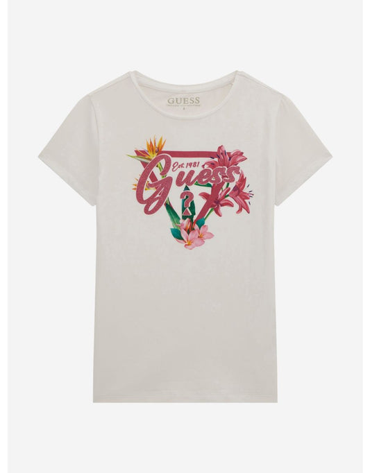 Camiseta blanca con logo floral para niña