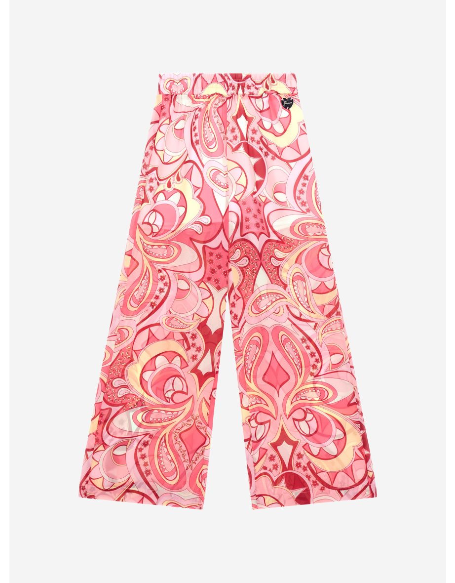 Pantaloni a palazzo da bambina in chiffon rosa e paisley