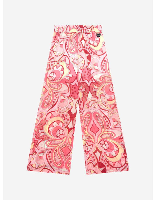 Pantaloni a palazzo da bambina in chiffon rosa e paisley