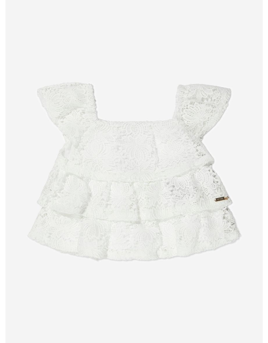 Top blanco de encaje con volantes para niña