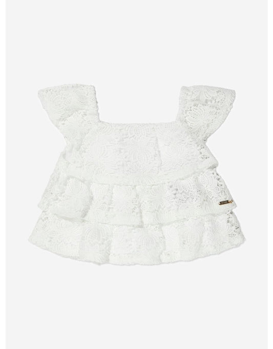 Top blanco de encaje con volantes para niña