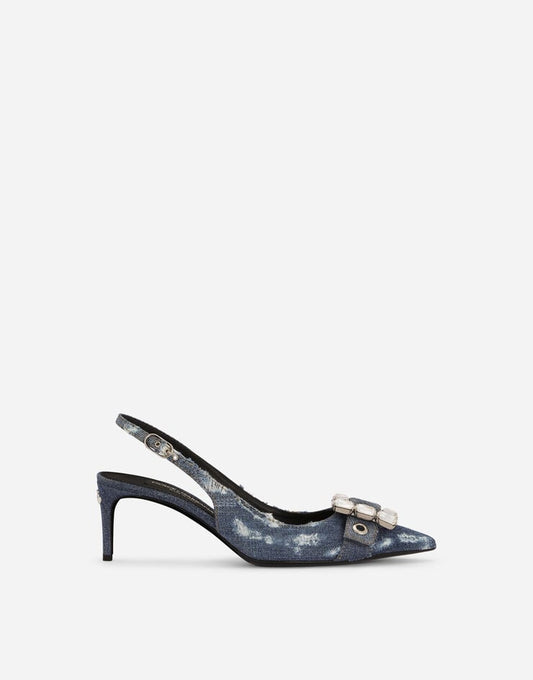 Scarpe Slingback in denim patchwork con fibbia di strass