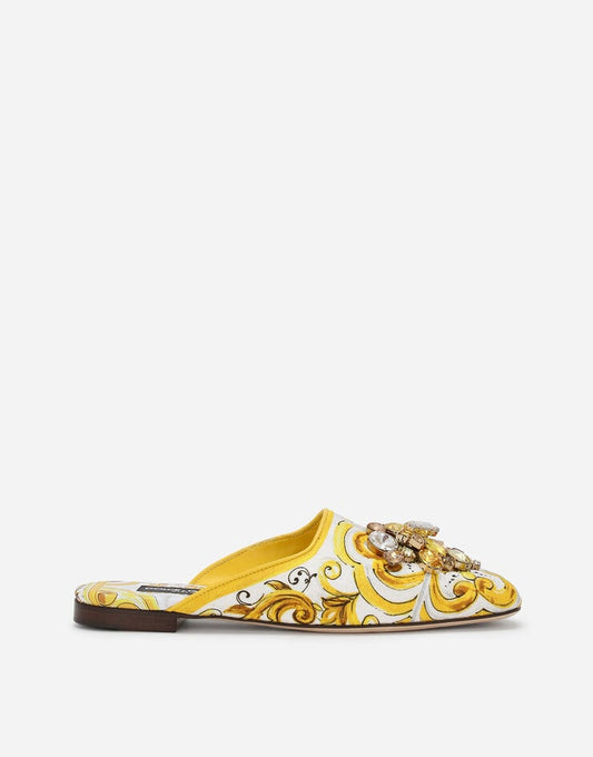 Mules in broccato con stampa maiolica e ricamo