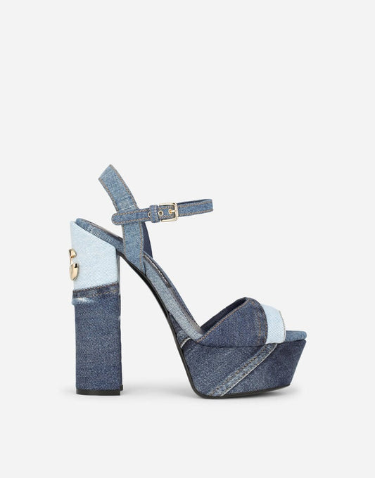 Sandali con piattaforma in denim patchwork