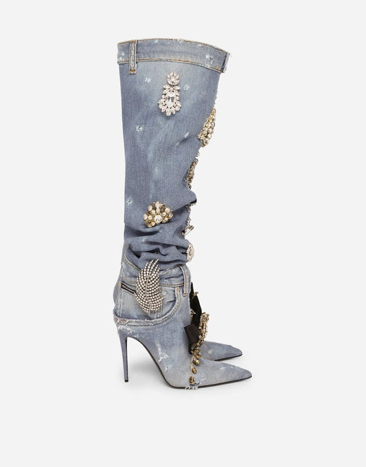 Stivali in denim patchwork con ricamo