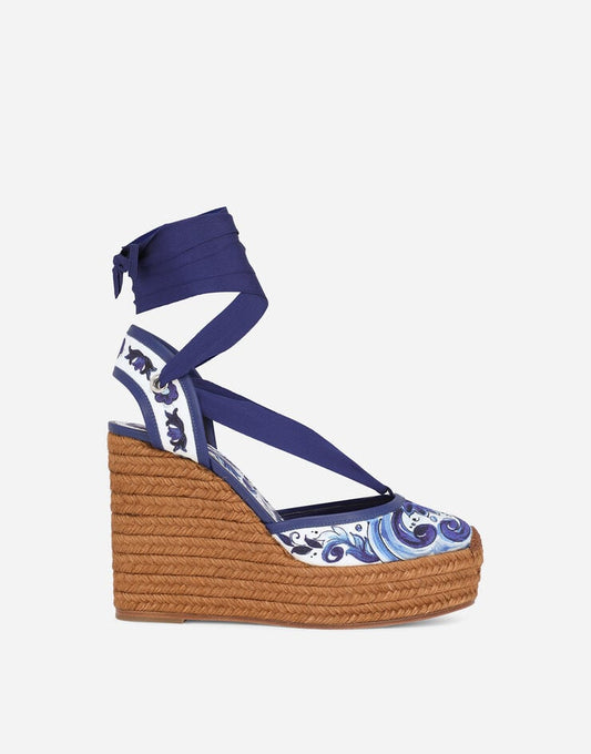 Zeppe con suola in corda in tessuto broccato stampato