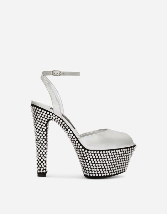 Scarpe con plateau in pelle di vitello effetto specchiato con strass fusi