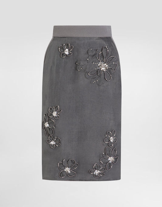 Gonna midi in organza con ricamo floreale