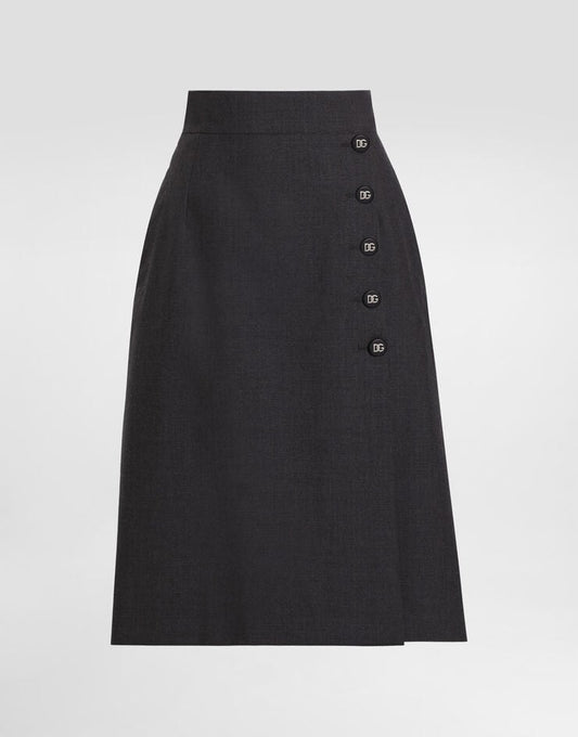 Wool A-Line Midi Skirt with Decorative Buttons