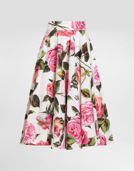 Gonna a cerchio in cotone con stampa a rose