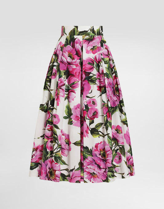 Gonna a cerchio in cotone con stampa di peonie