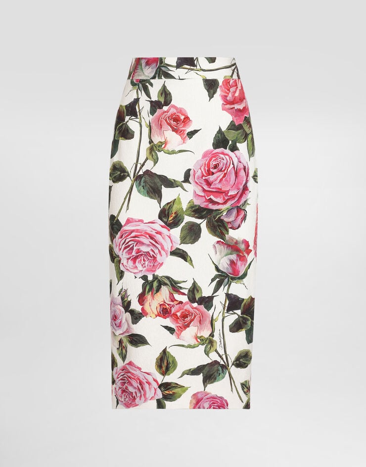Gonna al polpaccio in cotone jacquard con stampa a rose