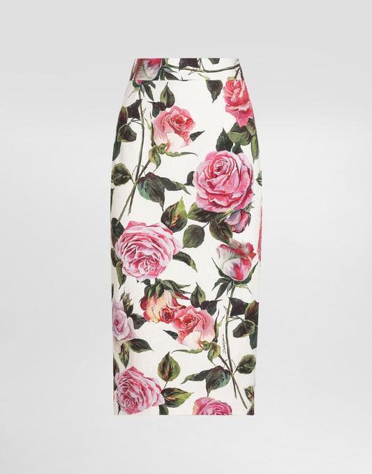 Gonna al polpaccio in cotone jacquard con stampa a rose