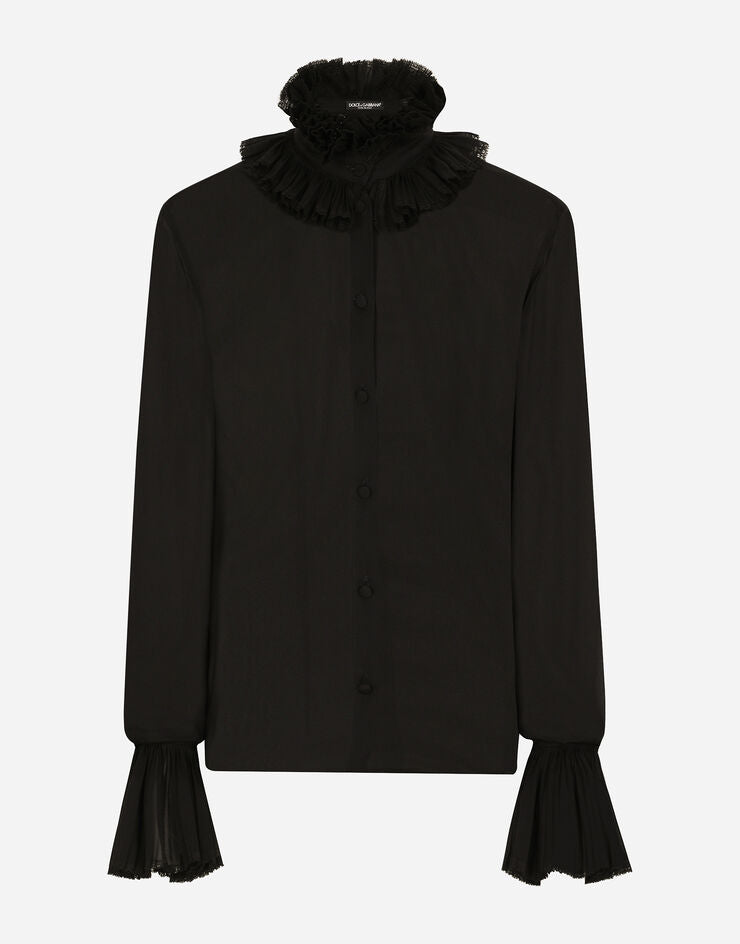 Blusa de Georgette con Puños Plisados y Detalles en el Cuello