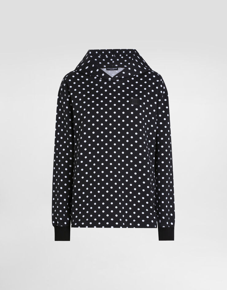 Sudadera con capucha estampada de lunares con etiqueta de marca