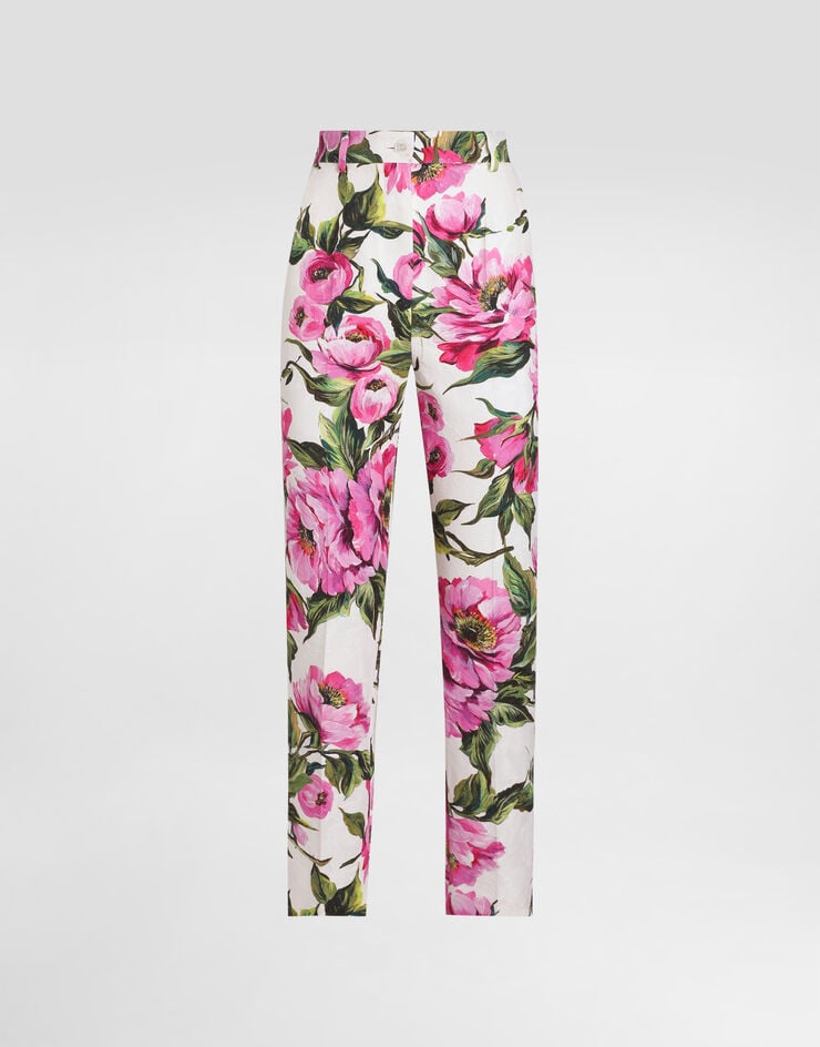 Pantaloni in cotone jacquard con stampa di peonie