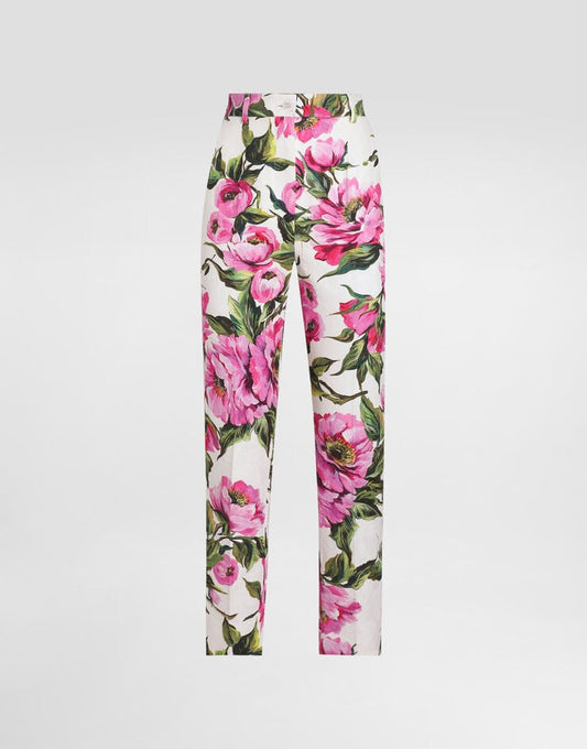 Pantaloni in cotone jacquard con stampa di peonie
