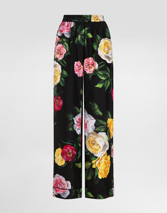 Pantaloni del pigiama in seta Habotai con stampa di rose e peonie