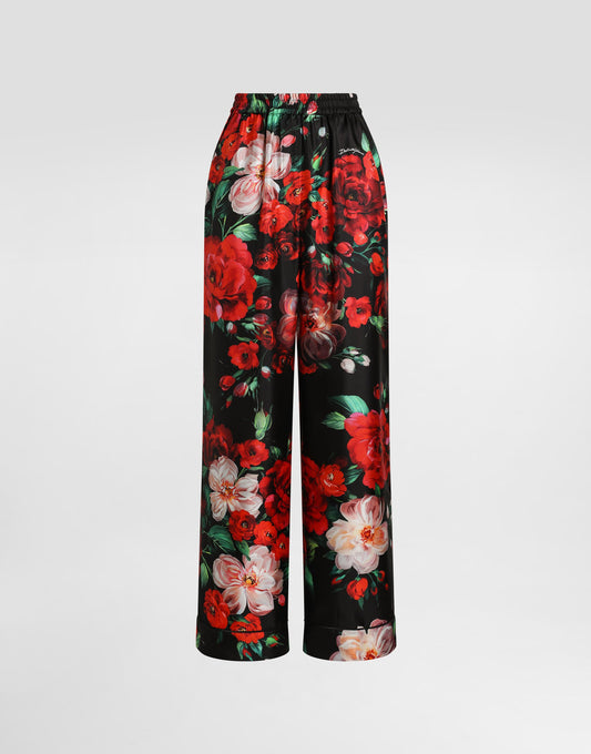 Pantaloni del pigiama in raso con stampa a rose