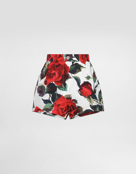 Pantaloncini in cotone con stampa a rose
