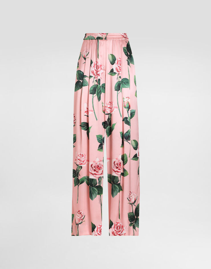 Pantaloni del pigiama in seta con stampa di rose