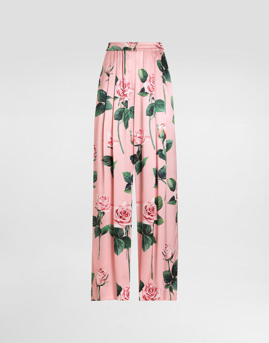 Pantaloni del pigiama in seta con stampa di rose