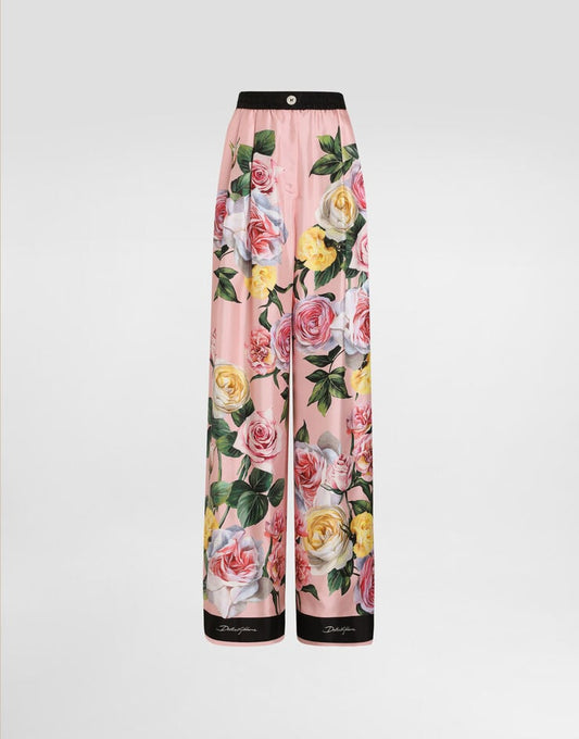 Pantaloni del pigiama in seta con stampa di rose e peonie