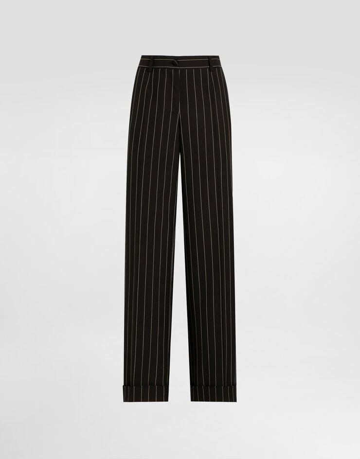 Pantaloni di lana gessati con gamba dritta e polsini