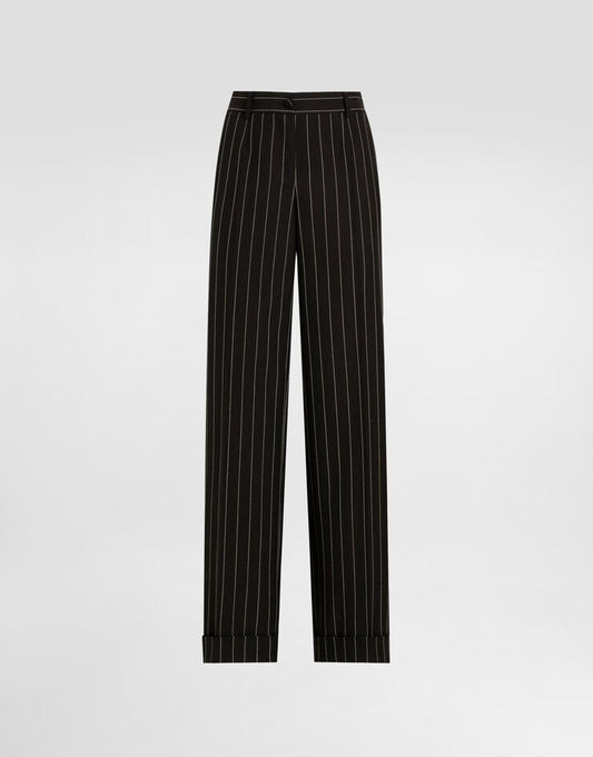Pantaloni di lana gessati con gamba dritta e polsini