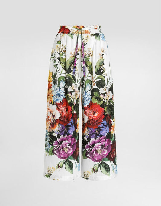 Pantaloni in popeline con stampa bouquet floreale