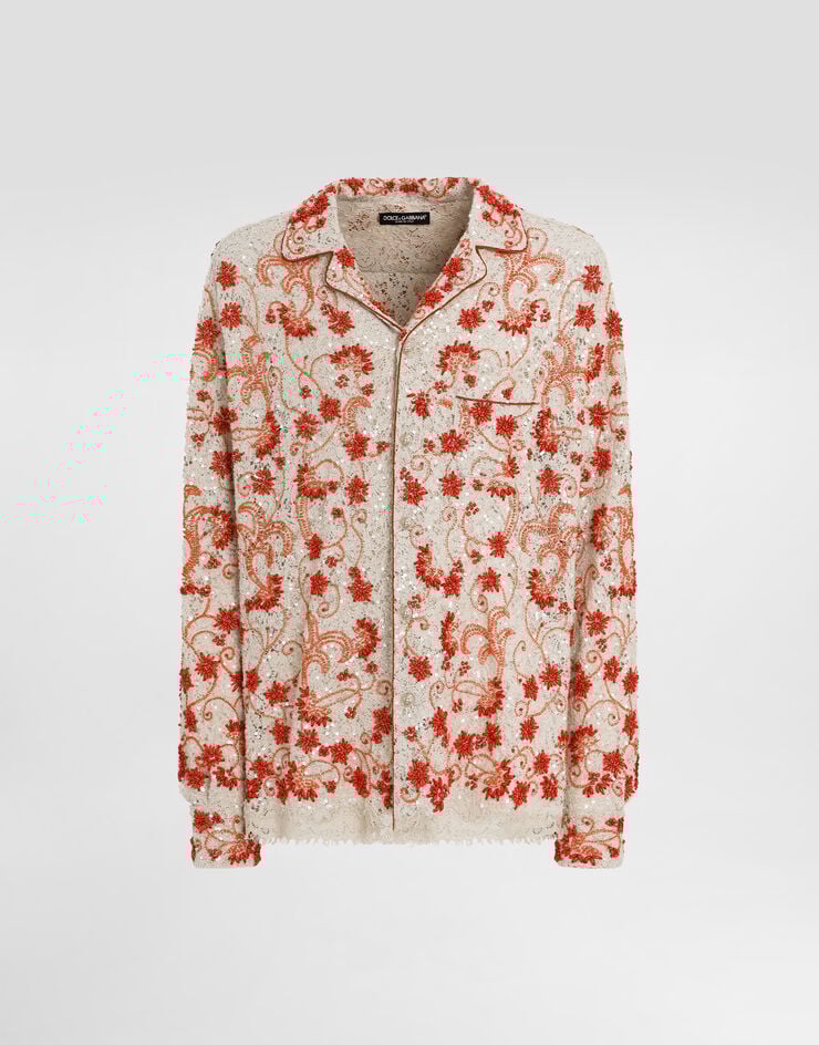 Camisa de encaje de manga larga con bordado de coral